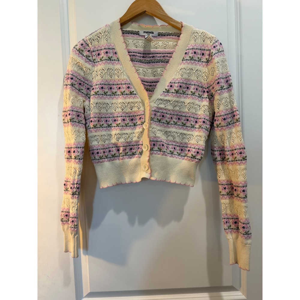 RSQ Floral Pointelle Knit Cropped Cardigan Sweater Pink Cream Small